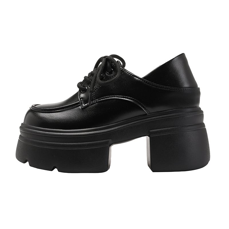 Loaferi din piele naturală pentru femei, cu înălțime internă de 12 cm, șireturi, gură adâncă, talpă groasă, vârf rotund, din piele de vită