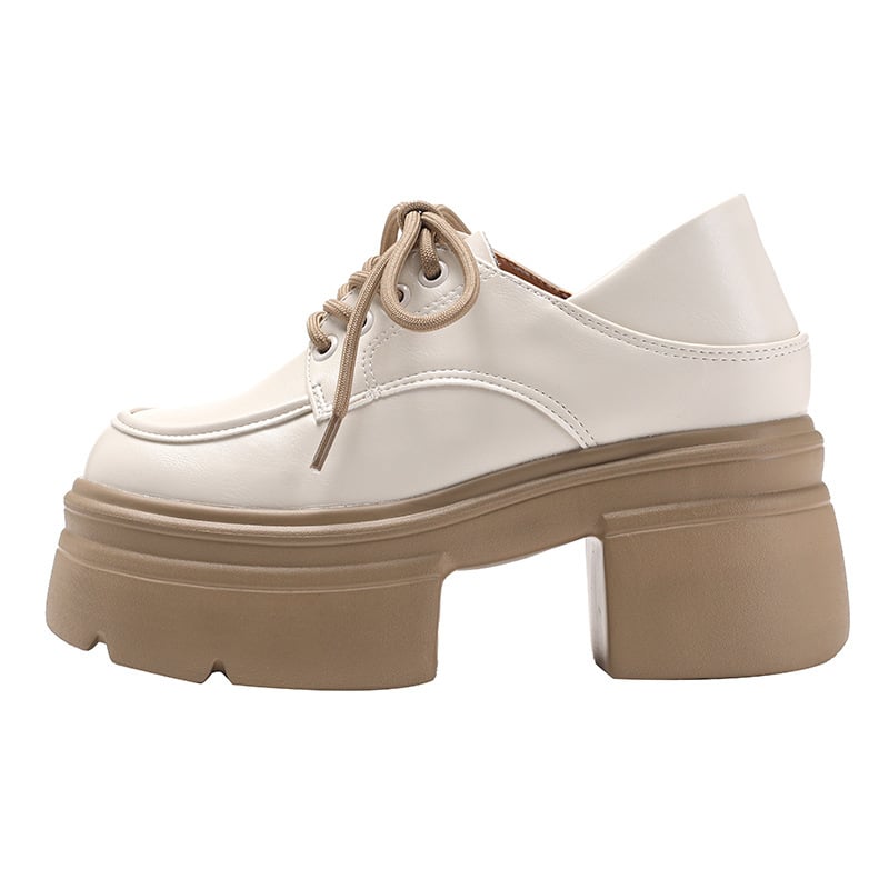 Loaferi din piele naturală pentru femei, cu înălțime internă de 12 cm, șireturi, gură adâncă, talpă groasă, vârf rotund, din piele de vită