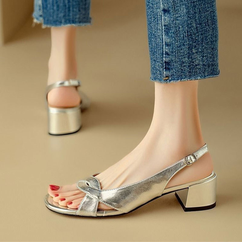 Ženske sandale s otvorenim prstom, 4.5 cm rimski stil, elegantan, debeli pet, srebrne, ljeto 2025