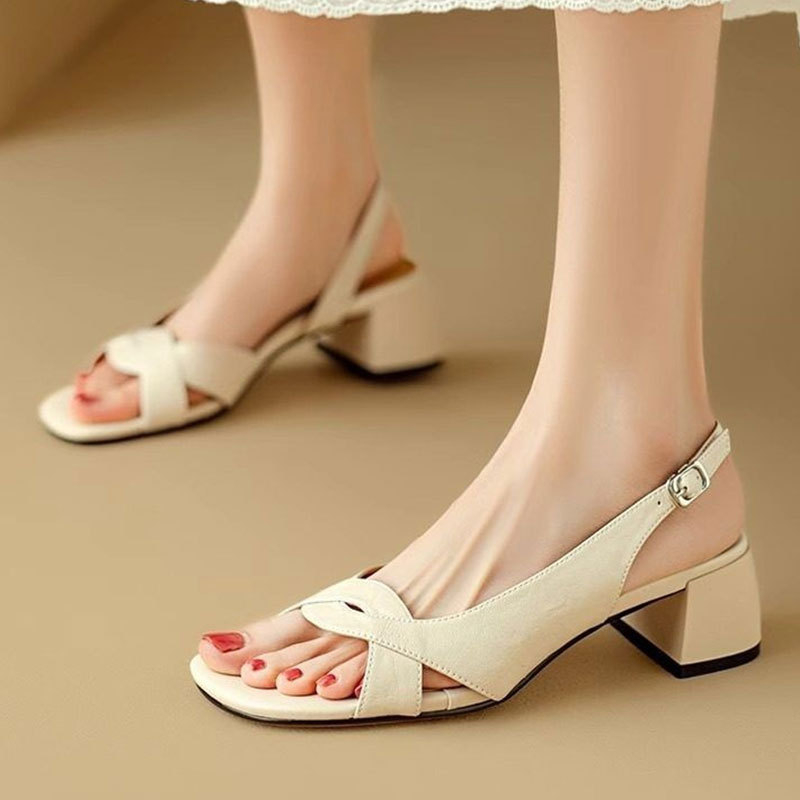 Ženske sandale s otvorenim prstom, 4.5 cm rimski stil, elegantan, debeli pet, srebrne, ljeto 2025