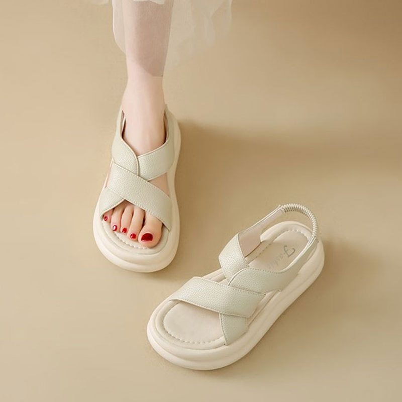 Ženske slip-on rimske sandale, ljeto 2025, lagane i udobne, zaobljeni vrh, gumena potplata, gornji dio i podstava od super vlakana, korejski stil, veličina 40