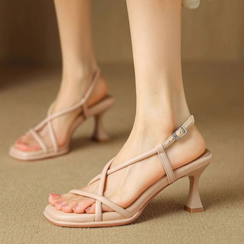 Ženske ljetne sandale s uskim petom i mekanom sole, kvadratna špička, francuskog stila, elegantne večernje sandale