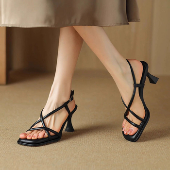 Ženske ljetne sandale s uskim petom i mekanom sole, kvadratna špička, francuskog stila, elegantne večernje sandale