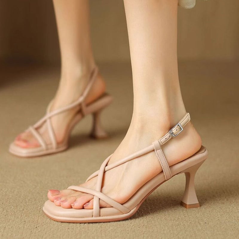 Ženske ljetne sandale s uskim petom i mekanom sole, kvadratna špička, francuskog stila, elegantne večernje sandale