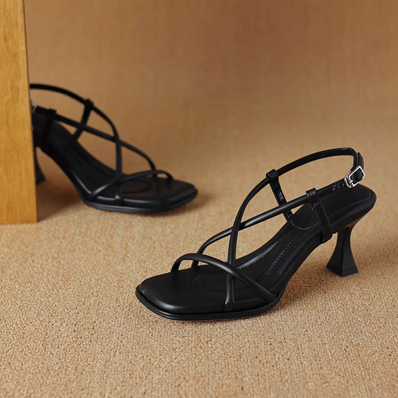 Ženske ljetne sandale s uskim petom i mekanom sole, kvadratna špička, francuskog stila, elegantne večernje sandale