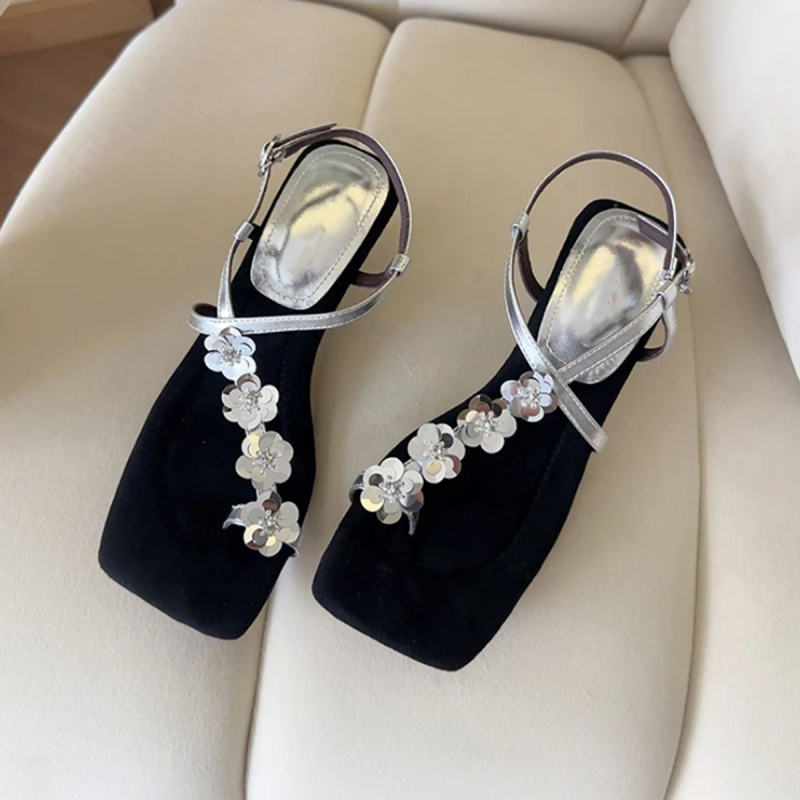 Ženske sandale s cvjetnim uzorkom i jednim remenom, kvadratnim vrhom prsta, korejskog stila, jednostavne i elegantne rimske sandale