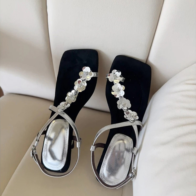 Ženske sandale s cvjetnim uzorkom i jednim remenom, kvadratnim vrhom prsta, korejskog stila, jednostavne i elegantne rimske sandale