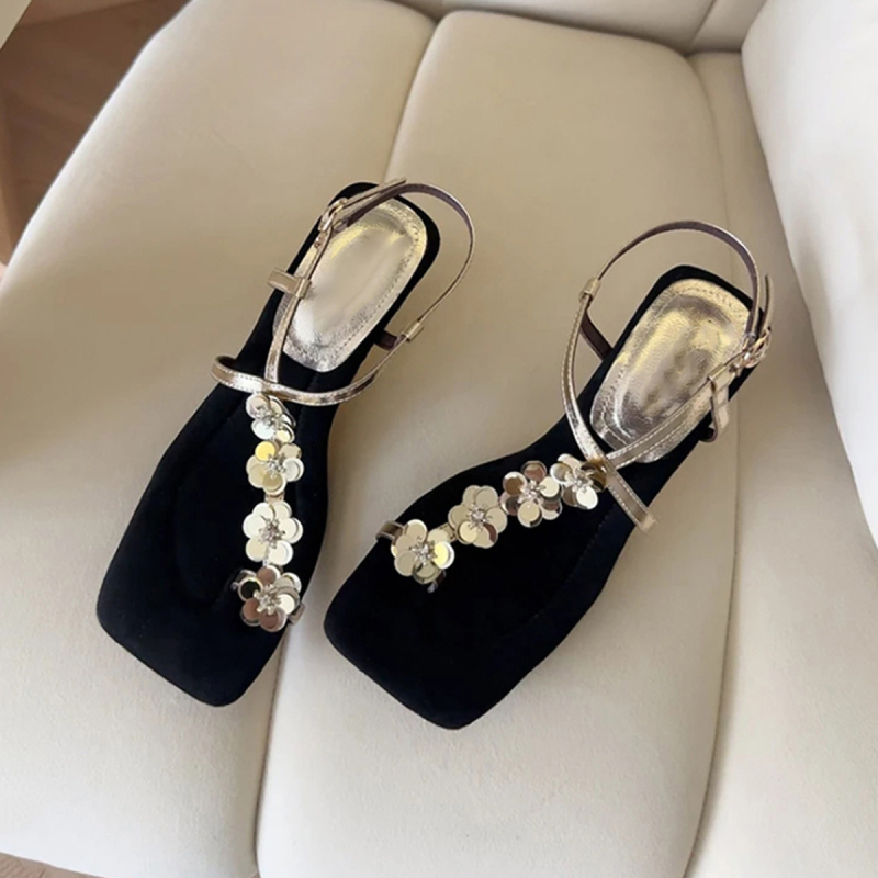 Ženske sandale s cvjetnim uzorkom i jednim remenom, kvadratnim vrhom prsta, korejskog stila, jednostavne i elegantne rimske sandale
