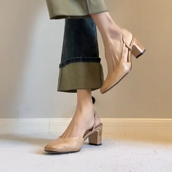 Ženske slip-on sandale sa srednjom petom, okruglom vrhom, stražnjim remenom, gornji dio od mikrovlakna, francuski retro umjetnički stil