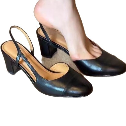 Ženske slip-on sandale sa srednjom petom, okruglom vrhom, stražnjim remenom, gornji dio od mikrovlakna, francuski retro umjetnički stil