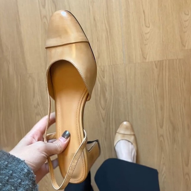 Ženske slip-on sandale sa srednjom petom, okruglom vrhom, stražnjim remenom, gornji dio od mikrovlakna, francuski retro umjetnički stil
