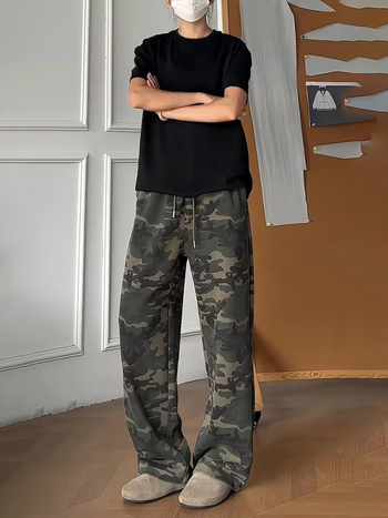 Američke retro kamuflažne trenirke hlače, unisex, jesen, hip-hop stil, široke nogavice, ravni kroj
