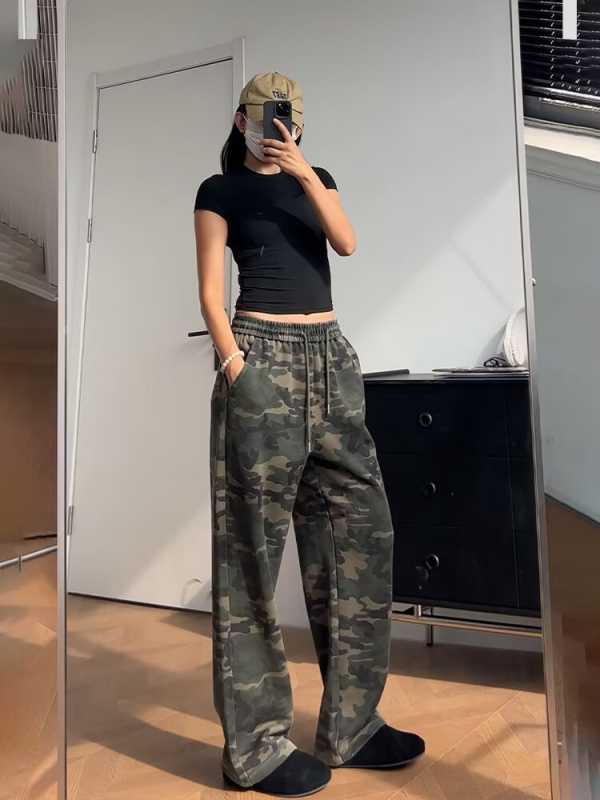 Američke retro kamuflažne trenirke hlače, unisex, jesen, hip-hop stil, široke nogavice, ravni kroj