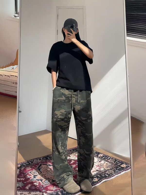 Američke retro kamuflažne trenirke hlače, unisex, jesen, hip-hop stil, široke nogavice, ravni kroj