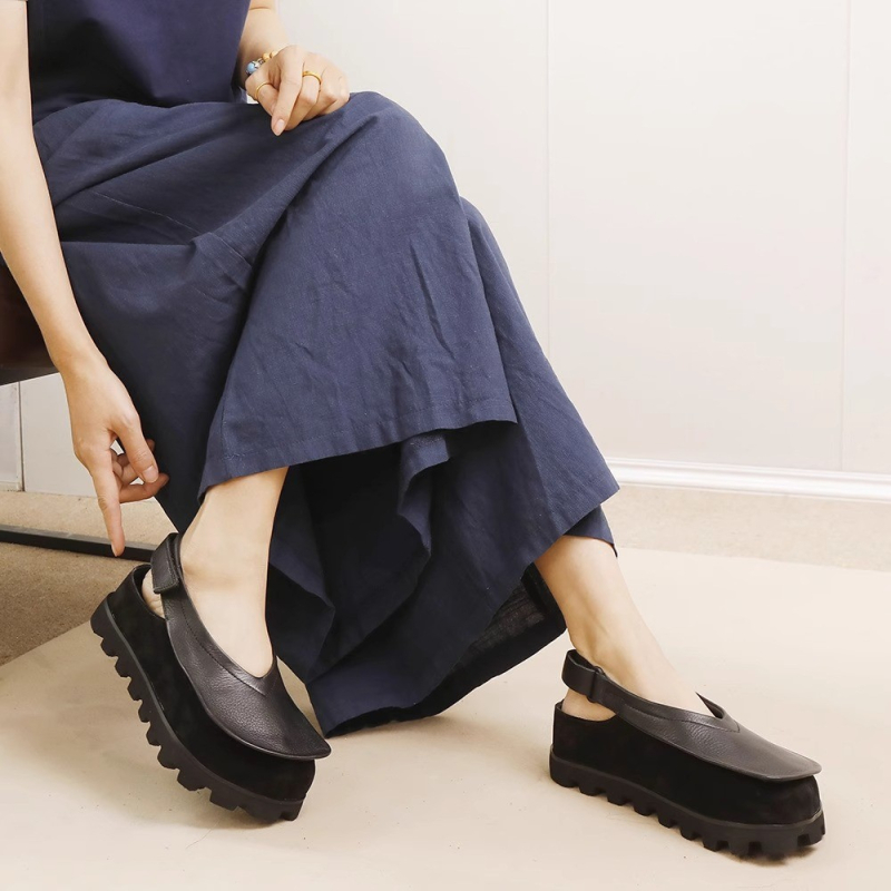 Sandale din piele pentru femei cu toc ascuns, piele naturală, talpă moale, vârf rotund închis, curea Velcro