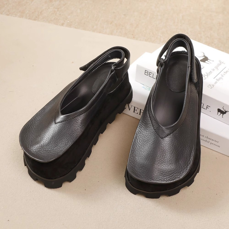 Sandale din piele pentru femei cu toc ascuns, piele naturală, talpă moale, vârf rotund închis, curea Velcro