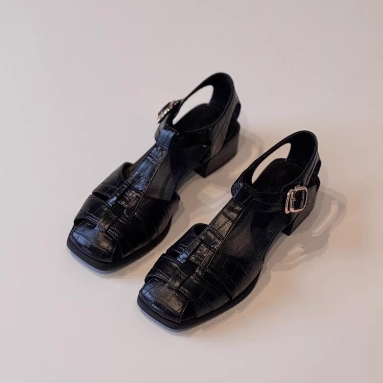 Sandale romane pentru femei, versiune piele moale, stil franțuzesc retro, împletite, toc negru gros, decupaje, respirabile pentru vară