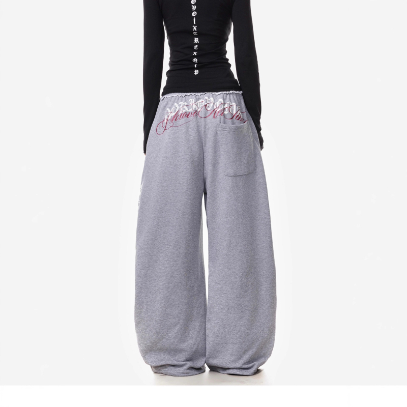 Ženske široke hlače u vintage američkom stilu s natpisom, zakrivljeni kroj, opušten pad, gradski streetwear za džez ples