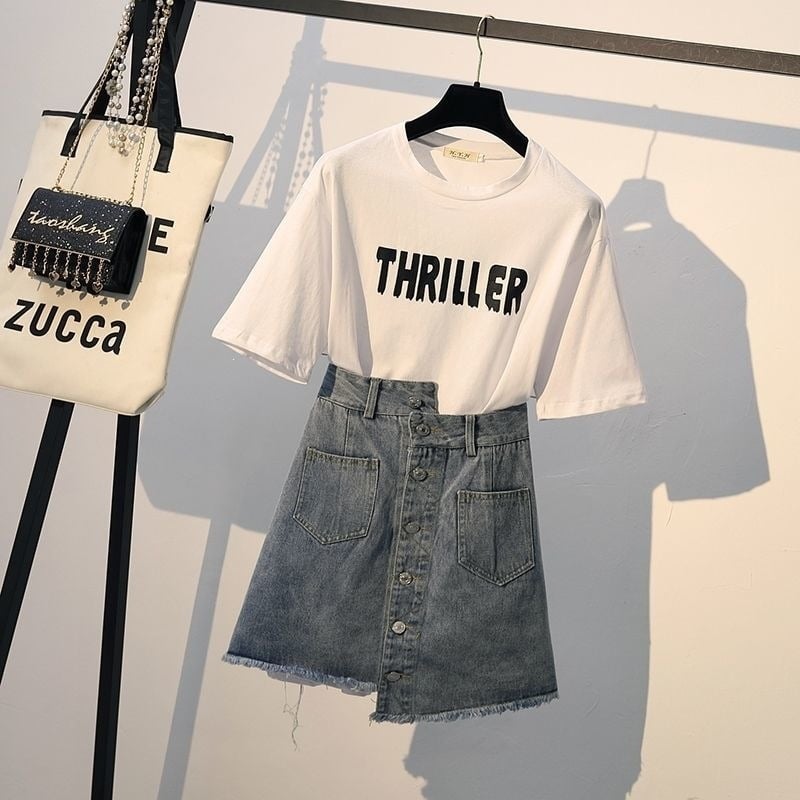 Set de două piese pentru femei, nou set de vară format din tricou cu mânecă scurtă și fustă din denim în stil coreean pentru 2026 - elegant și la modă