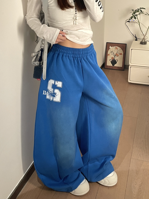 Ženske hlače širokih nogavica s vezicama, plavo-gradijentna boja, dugačke do poda, casual sportske hlače
