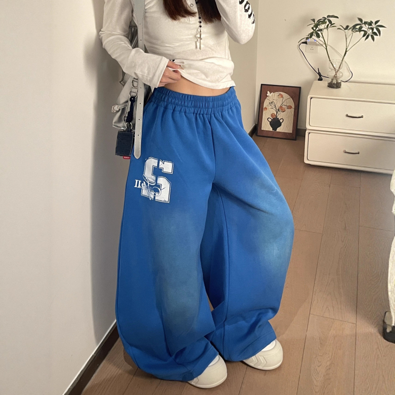 Ženske hlače širokih nogavica s vezicama, plavo-gradijentna boja, dugačke do poda, casual sportske hlače