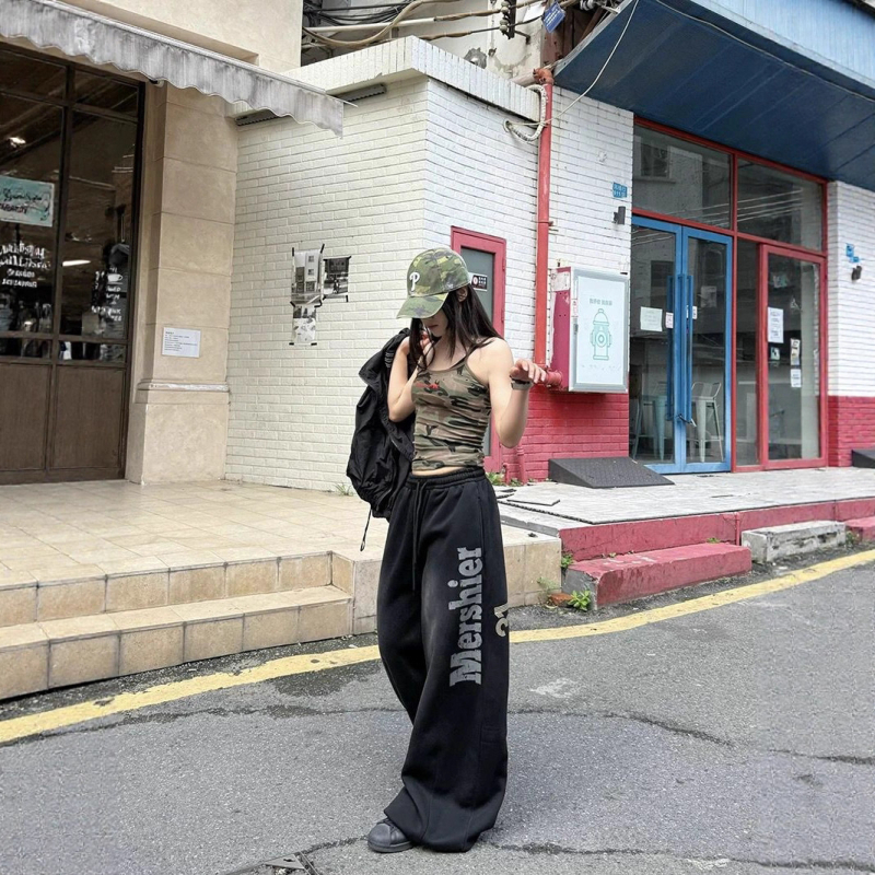 Ženske hlače u američkom street stilu s vintage natpisom, opuštena silueta, ravne široke nogavice, dužina do poda, za ples i svakodnevno nošenje