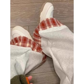 Ženske casual hlače s patchwork karirama – rana proljeće, američki retro stil, široke nogavice, ravni kroj, obrubljeni rub