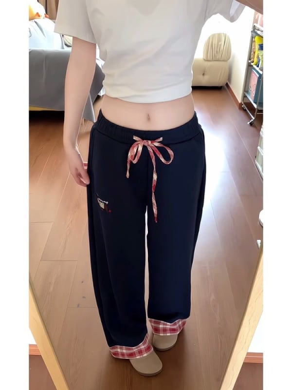 Ženske casual hlače s patchwork karirama – rana proljeće, američki retro stil, široke nogavice, ravni kroj, obrubljeni rub