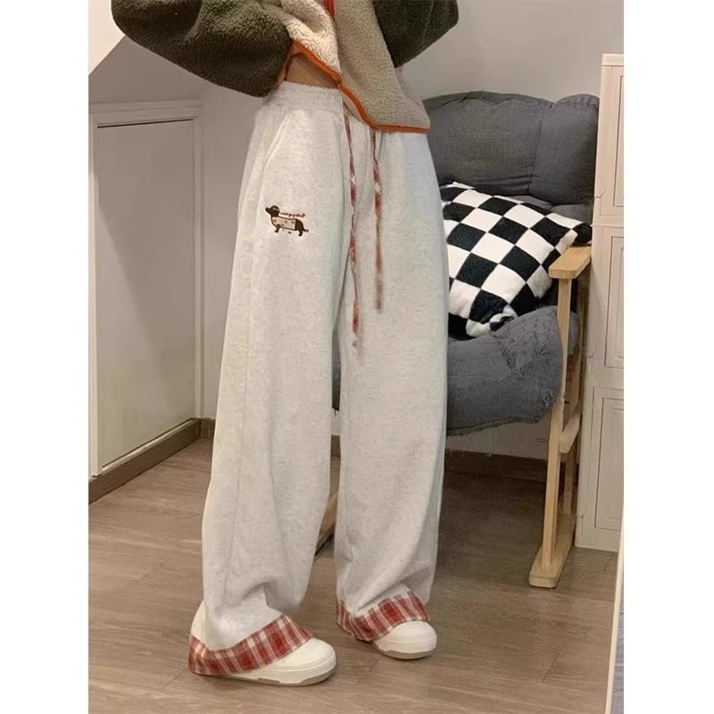 Ženske casual hlače s patchwork karirama – rana proljeće, američki retro stil, široke nogavice, ravni kroj, obrubljeni rub