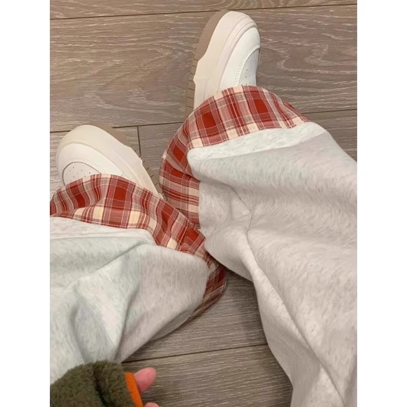 Ženske casual hlače s patchwork karirama – rana proljeće, američki retro stil, široke nogavice, ravni kroj, obrubljeni rub