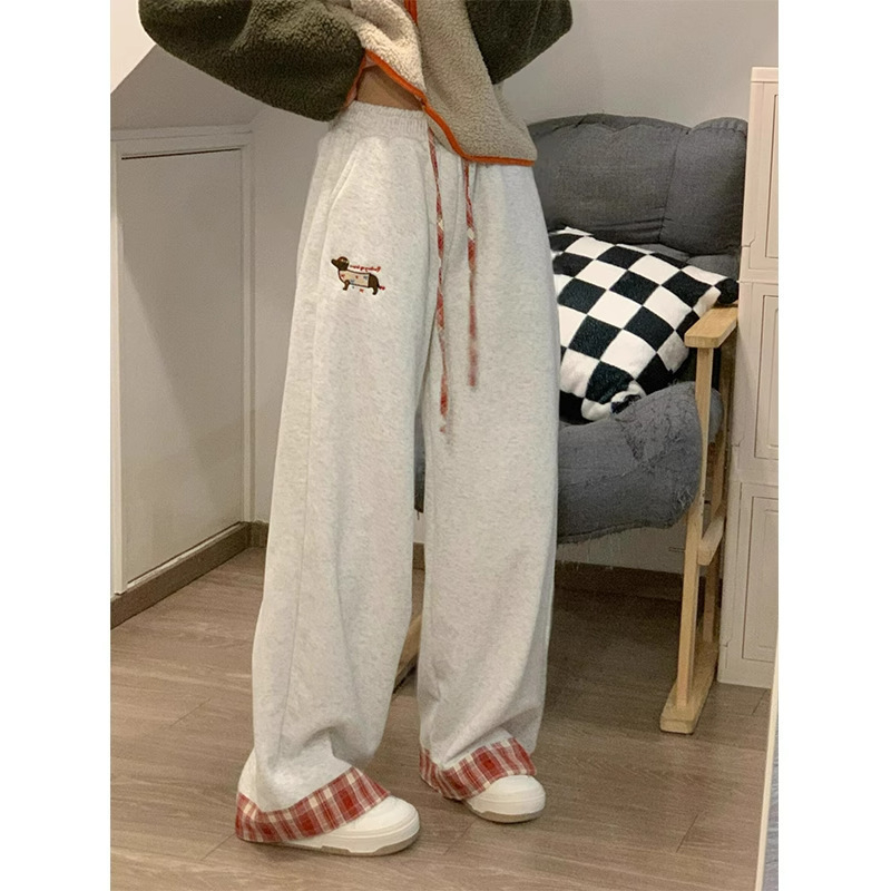 Ženske casual hlače s patchwork karirama – rana proljeće, američki retro stil, široke nogavice, ravni kroj, obrubljeni rub