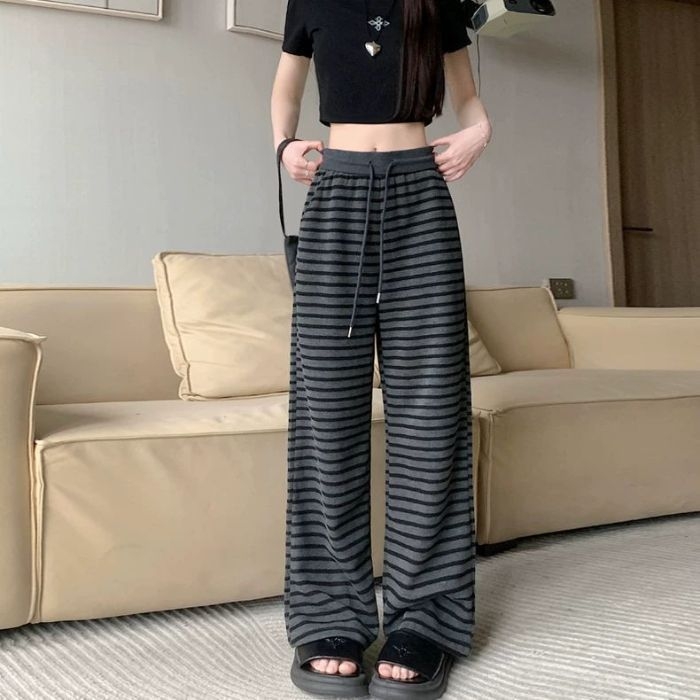 Ženske široke hlače s prugama, proljetno-jesenski stil, mekane i skladno padajuće, ravni kroj, casual hlače, ležerni stil