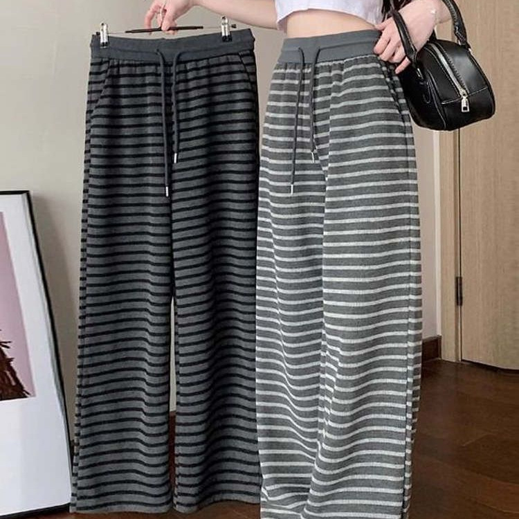Ženske široke hlače s prugama, proljetno-jesenski stil, mekane i skladno padajuće, ravni kroj, casual hlače, ležerni stil