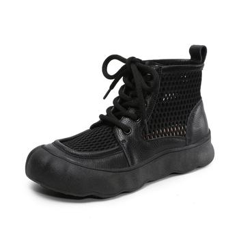 Ghete din piele naturală pentru femei, talpă groasă, partea superioară din plasă, decupaje, stil roman, botine plate scurte
