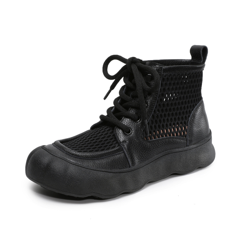 Ghete din piele naturală pentru femei, talpă groasă, partea superioară din plasă, decupaje, stil roman, botine plate scurte