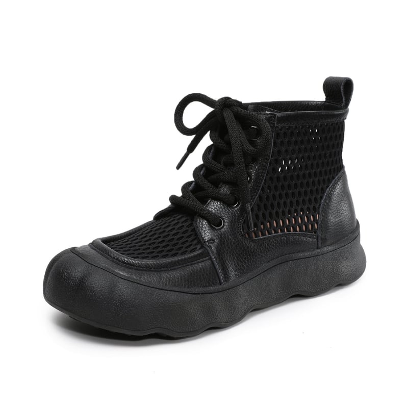 Ghete din piele naturală pentru femei, talpă groasă, partea superioară din plasă, decupaje, stil roman, botine plate scurte