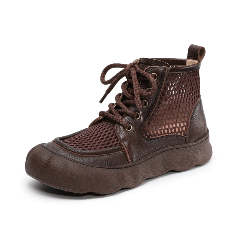 Ghete din piele naturală pentru femei, talpă groasă, partea superioară din plasă, decupaje, stil roman, botine plate scurte