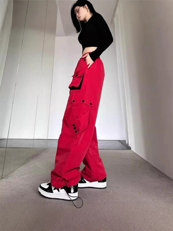 Crvene ženske radne hlače visokim strukom, ravno krojene, širokih nogavica, ulični hip-hop stil, casual sportske hlače