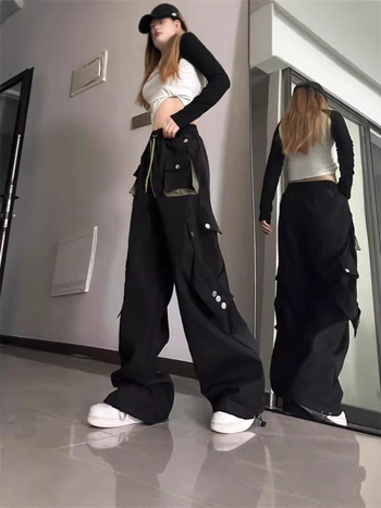 Crvene ženske radne hlače visokim strukom, ravno krojene, širokih nogavica, ulični hip-hop stil, casual sportske hlače