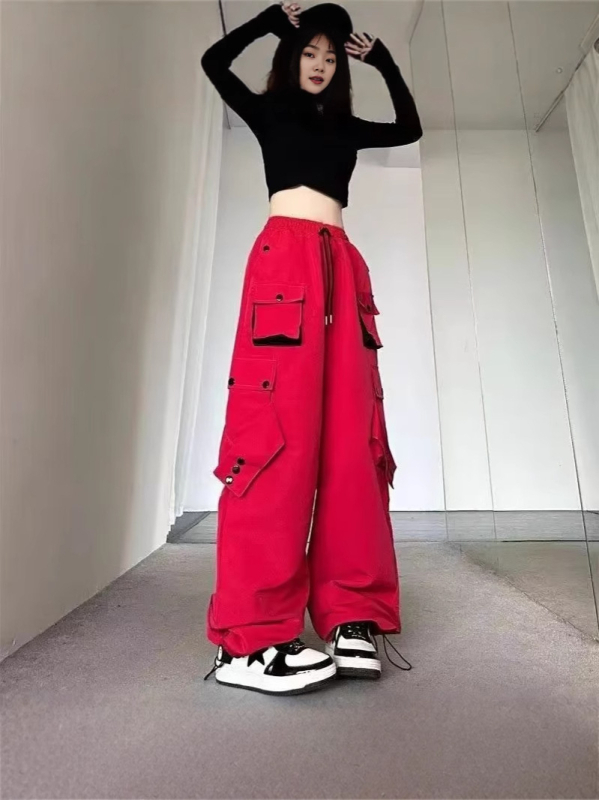 Crvene ženske radne hlače visokim strukom, ravno krojene, širokih nogavica, ulični hip-hop stil, casual sportske hlače