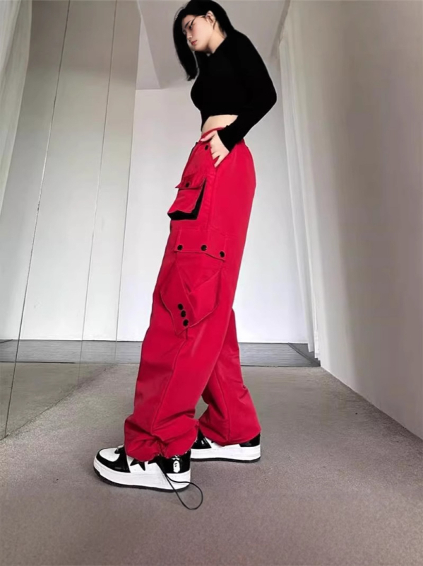 Crvene ženske radne hlače visokim strukom, ravno krojene, širokih nogavica, ulični hip-hop stil, casual sportske hlače
