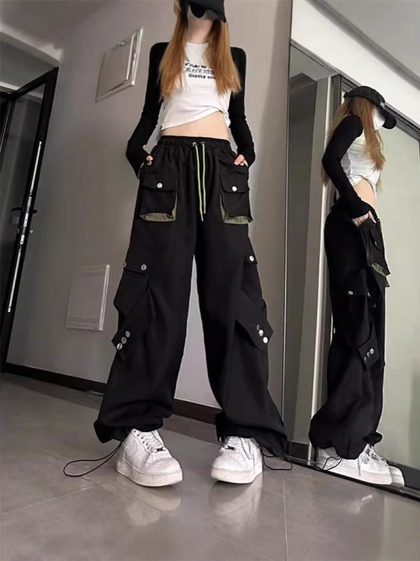 Crvene ženske radne hlače visokim strukom, ravno krojene, širokih nogavica, ulični hip-hop stil, casual sportske hlače