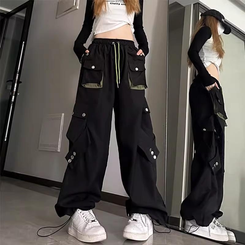 Crvene ženske radne hlače visokim strukom, ravno krojene, širokih nogavica, ulični hip-hop stil, casual sportske hlače