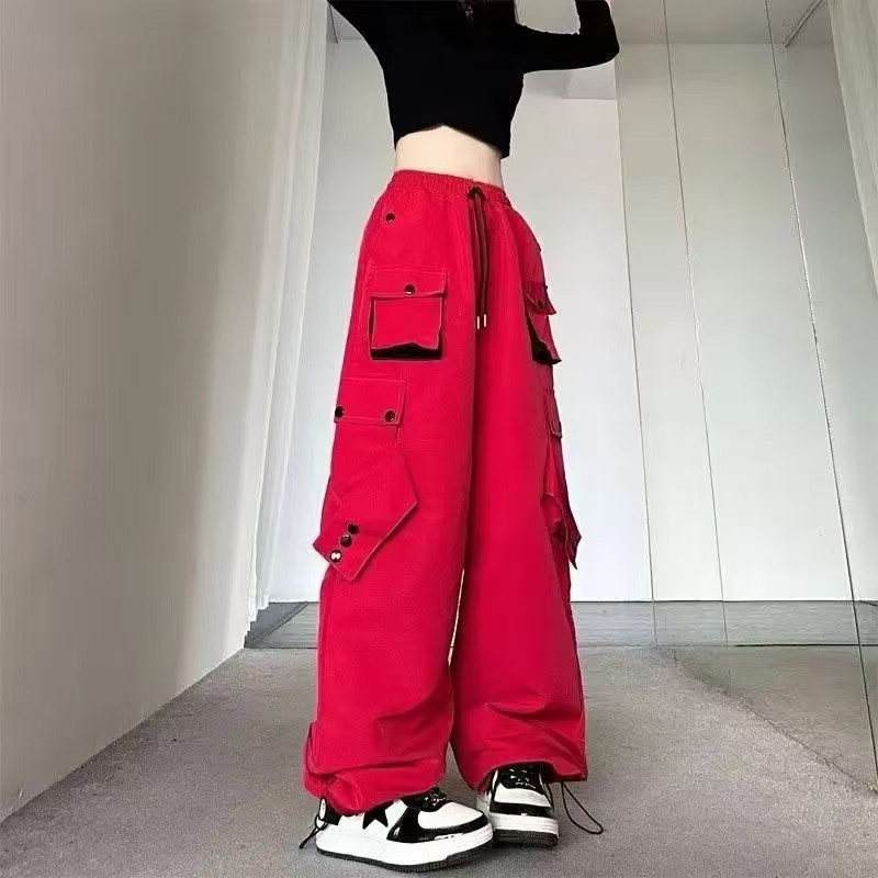 Crvene ženske radne hlače visokim strukom, ravno krojene, širokih nogavica, ulični hip-hop stil, casual sportske hlače