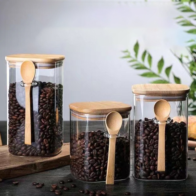 Kvadratna staklena posuda s žličicom za kućno skladištenje u kuhinji — žitarice, kava i čaj (301–500 ml)