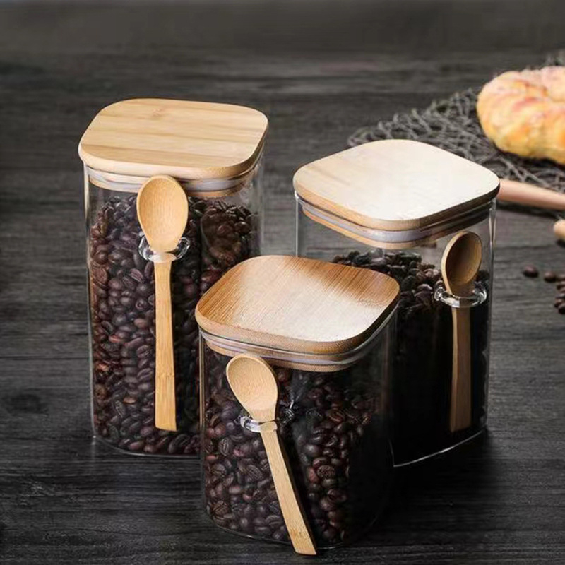 Kvadratna staklena posuda s žličicom za kućno skladištenje u kuhinji — žitarice, kava i čaj (301–500 ml)