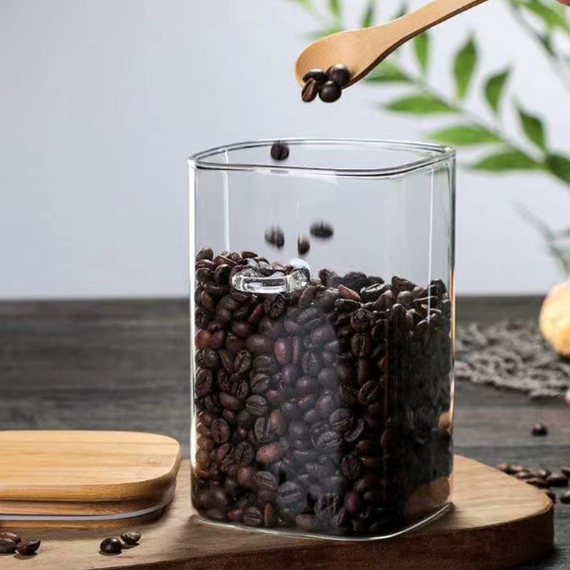 Kvadratna staklena posuda s žličicom za kućno skladištenje u kuhinji — žitarice, kava i čaj (301–500 ml)