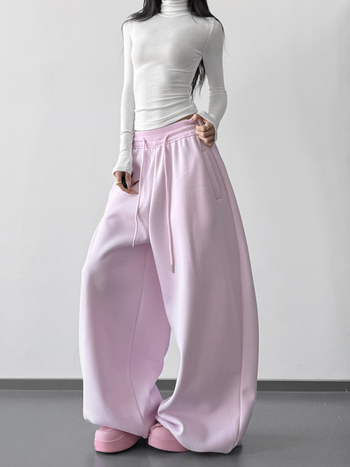 Ženske hlače ružičaste boje, ravne krojene, s fleeceom za zimu, sportski stil, vezica i elastičan pojas