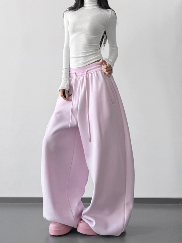 Ženske hlače ružičaste boje, ravne krojene, s fleeceom za zimu, sportski stil, vezica i elastičan pojas