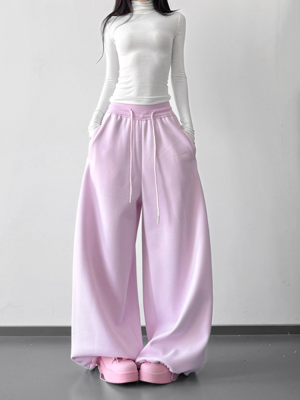 Ženske hlače ružičaste boje, ravne krojene, s fleeceom za zimu, sportski stil, vezica i elastičan pojas